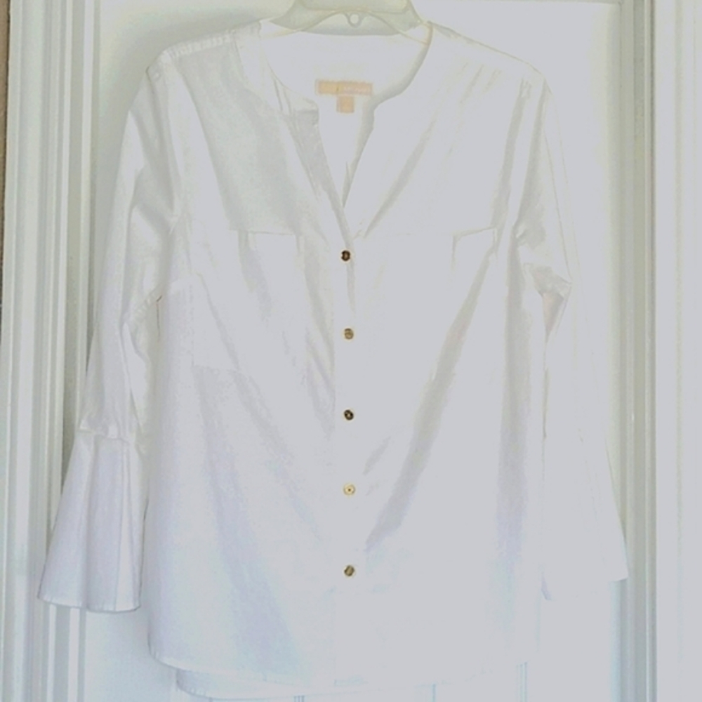 Michael Kors large white cotton blouse tapered bell sleeves 2 pockets